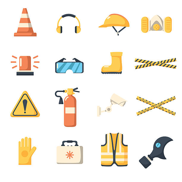 sicherheit arbeiten symbole flach stil. - security equipment stock-grafiken, -clipart, -cartoons und -symbole