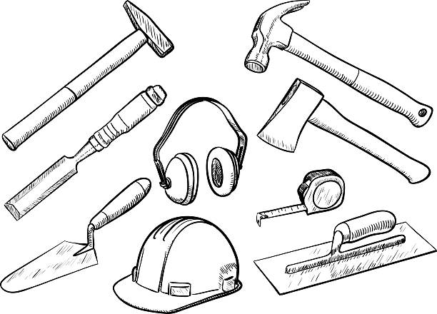 Hand Tools collection Tools collection in black and white trowel stock illustrations