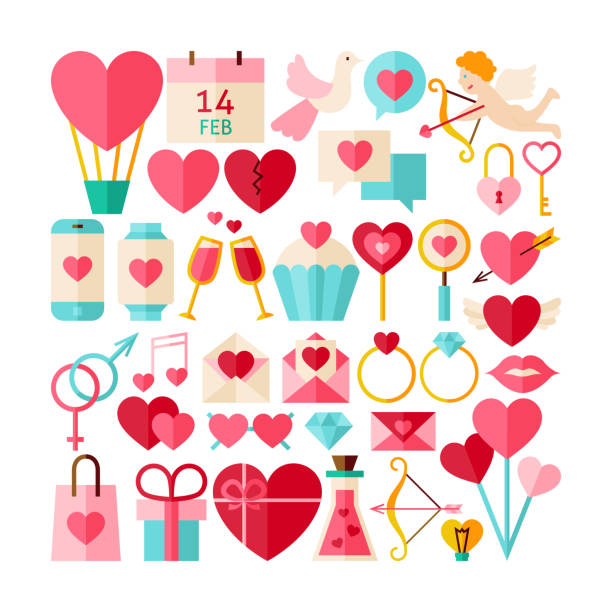 ilustraciones, imágenes clip art, dibujos animados e iconos de stock de gran estilo plano vector conjunto de día de san valentín de objetos - heart shape stone red ecard