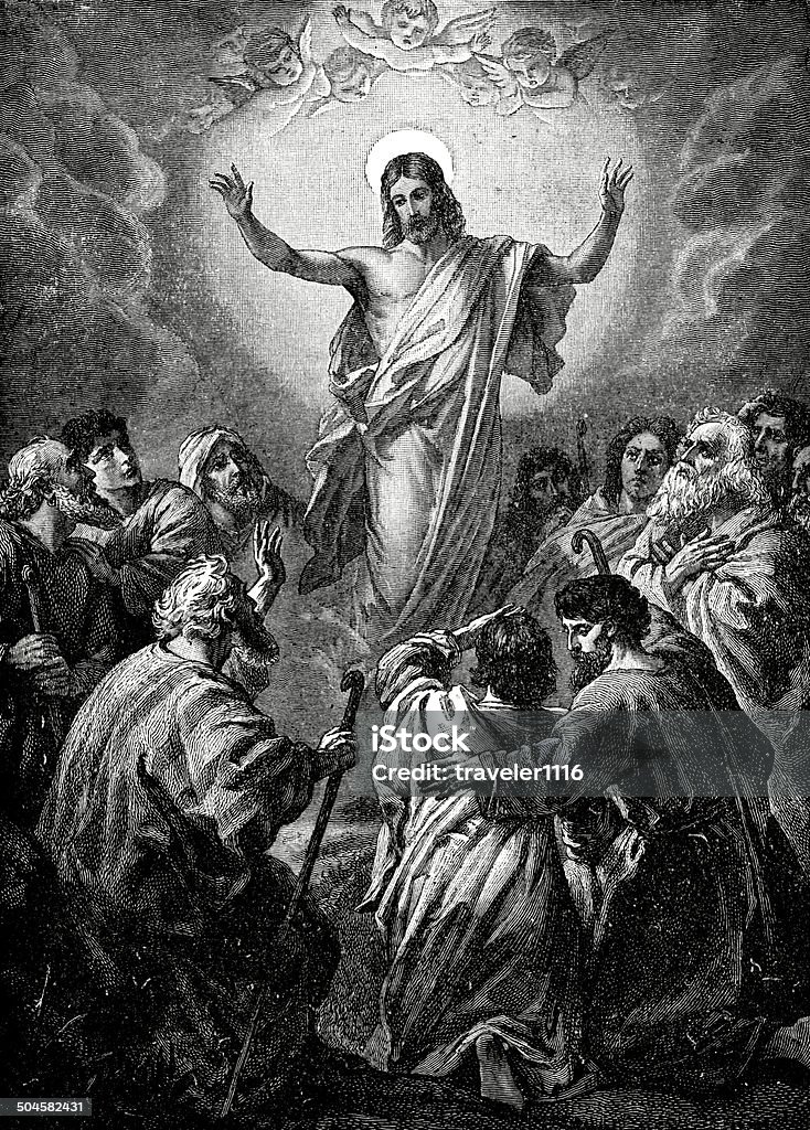 The Ascension Of Jesus Engraving from 1892 showing the Ascension of Jesus from the Christian Bible. Jesus Christ stock illustration