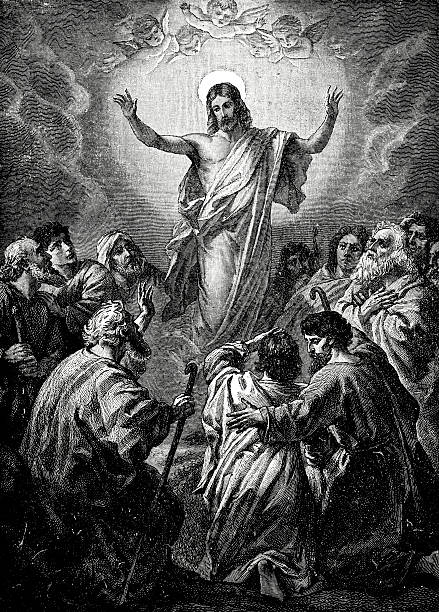 The Ascension Of Jesus Engraving from 1892 showing the Ascension of Jesus from the Christian Bible. heaven and jesus drawing stock illustrations