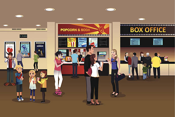 ilustraciones, imágenes clip art, dibujos animados e iconos de stock de escena de la película de cine lobby - cinta para caja registradora