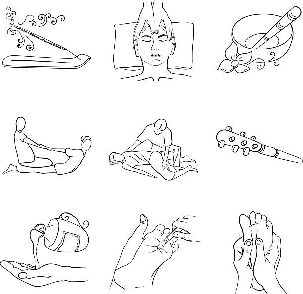 コンター handdrawn タイ式マッサージのアイコンを設定します - massaging human foot reflexology foot massage点のイラスト素材／クリップアート素材／マンガ素材／アイコン素材