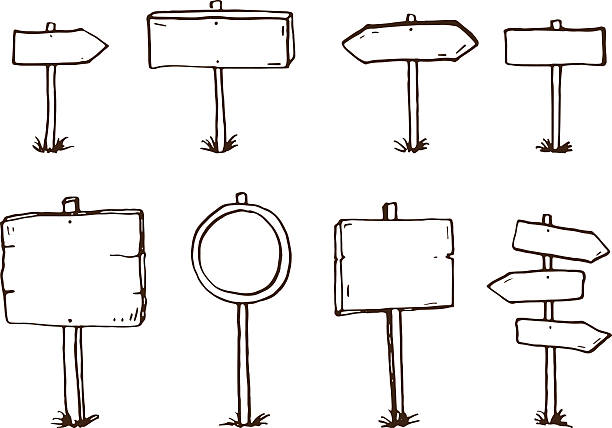 수작업 낙서 목재 징후 및 화살표 - placard stock illustrations