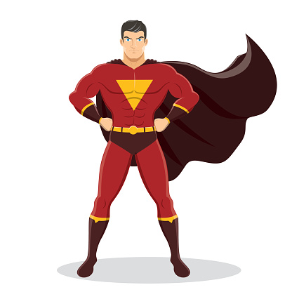 Illustration of superhero standing with cape waving in the wind. No gradients used. High resolution JPG, PNG (transparent background) and AI files are included.
