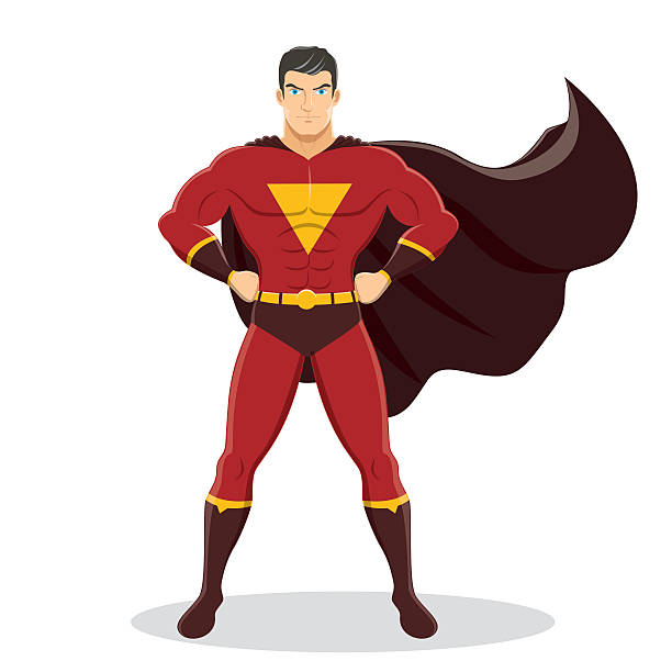 Superhero Standing with Cape Waving in the Wind Illustration of superhero standing with cape waving in the wind. No gradients used. High resolution JPG, PNG (transparent background) and AI files are included. superhero drawings stock illustrations