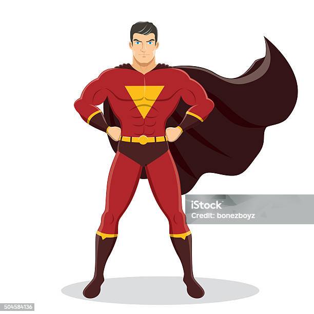 Superhero Standing With Cape Waving In The Wind Stock Illustration - Download Image Now - Superhero, Cartoon, Men