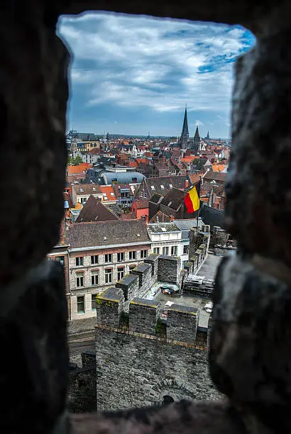 A shot through the tower's window of the Gravensteen castle in Ghent, Belgium