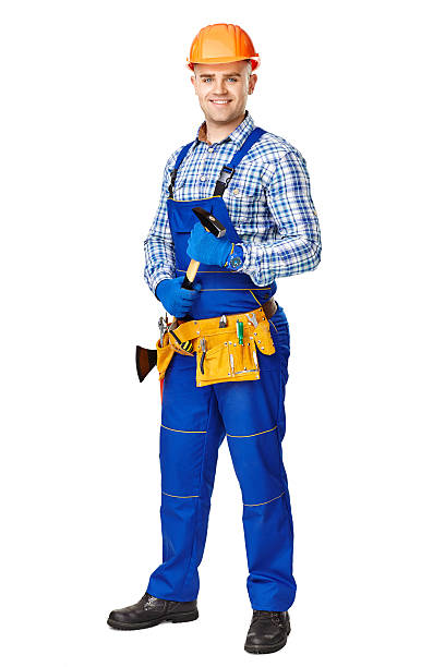 istock Young male construction worker with hammer 504585855