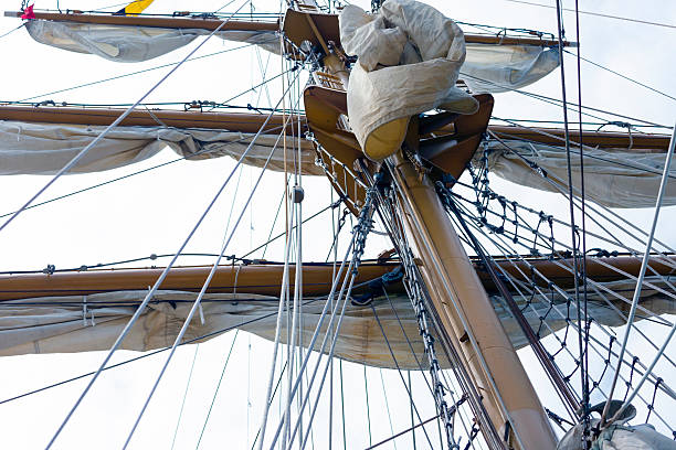 istock Mast and sails of tall ship agains sky, copy space 504586290