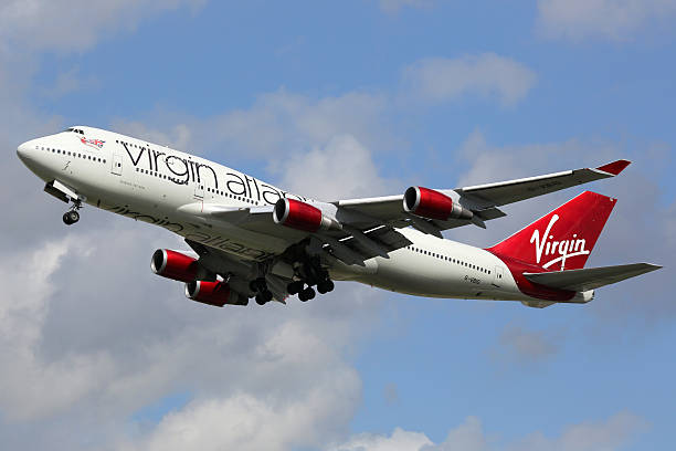 Virgin Atlantic Boeing 747-400 airplane London Heathrow Airport London Heathrow, United Kingdom - August 28, 2015: A Virgin Atlantic Boeing 747-400 with the registration G-VBIG taking off from London Heathrow Airport (LHR) in the United Kingdom. Virgin Atlantic Airways is a British airline with a base at London Heathrow airport. heathrow airport stock pictures, royalty-free photos & images