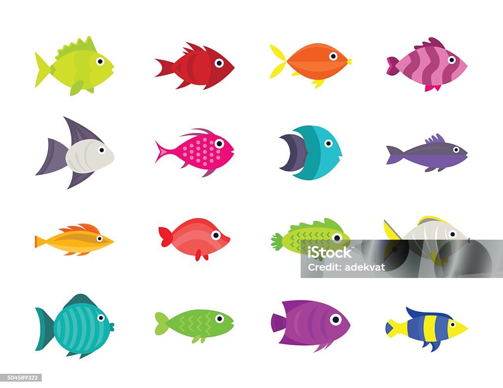 Cute fish vector illustration icons set Cute fish vector illustration icons set. Fish flat style vector illustration. Fish icons isolated. Tropical fish, sea fish, aquarium  fish set isolated on white background Fish stock vector