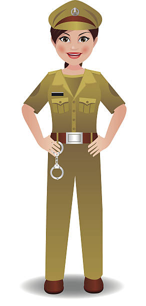 ilustraciones, imágenes clip art, dibujos animados e iconos de stock de indian policía mujer en traje de pie con las manos sobre la cadera - police officer security staff honor guard