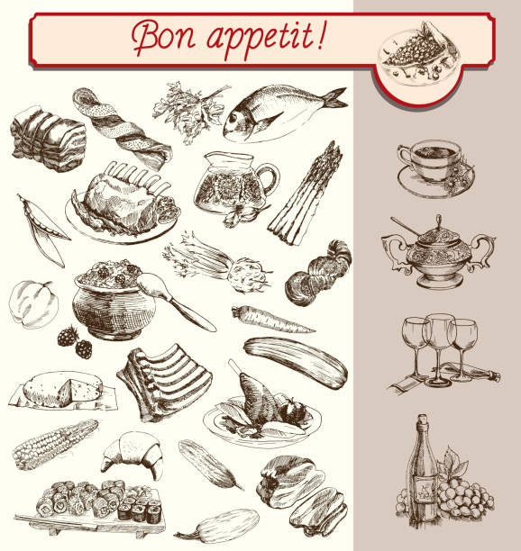 Enjoy your meal food drinks fruit vegetable set handmade sketches french food stock illustrations