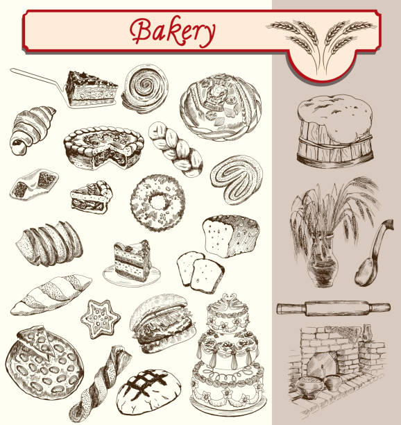 bon appetit bäckerei - bread baked illustration and painting vector stock-grafiken, -clipart, -cartoons und -symbole