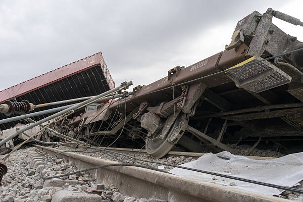 Derailed train coaches at the site of a train accident Thessaloniki, Greece - March 27, 2015: Derailed train coaches at the site of a train accident at the Gefyra community, in northern Greece. The train was carrying electronic equipment . derail stock pictures, royalty-free photos & images