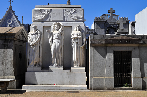 Buenos Aires, Argentina - January 21, 2011: La Recoleta Cemetery. It contains the graves of notable people, including Eva Perón, presidents of Argentina, Nobel Prize winners, the founder of the Argentine Navy, and a granddaughter of Napoleon. 