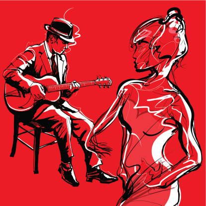 Gypsy guitar jazz player and woman dancing - Vector illustration