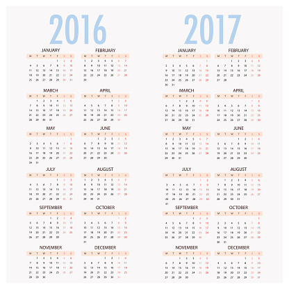 English calendar for years 2016 and 2017, week starts on Monday, Simple Vector Template