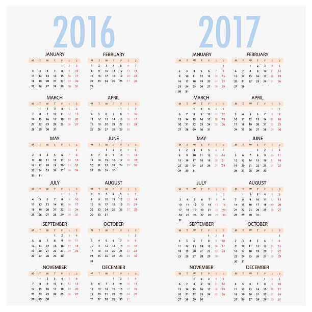 English calendar for years 2016 and 2017 English calendar for years 2016 and 2017, week starts on Monday, Simple Vector Template 2016 stock illustrations