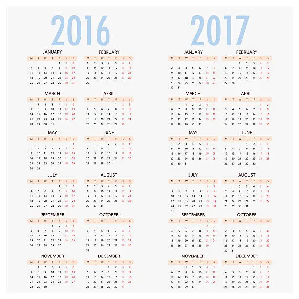 Vector illustration of English calendar for years 2016 and 2017