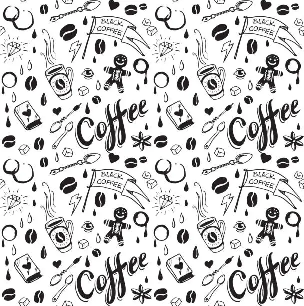 Vector illustration of Coffee seamless pattern in tattoo style