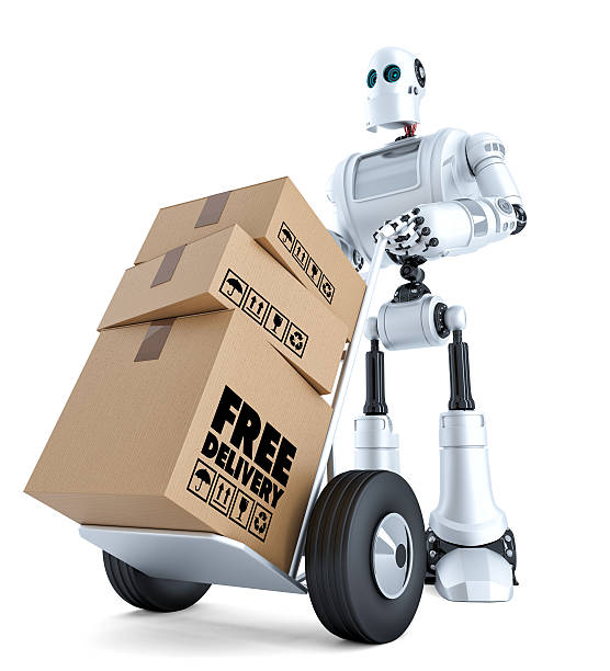 istock 3d Courier Robot with hand truck. Free delivery concept. Isolated 504604936