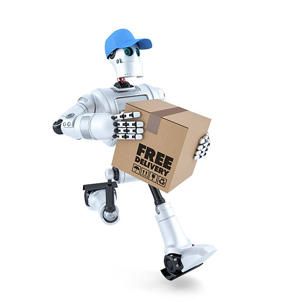 istock 3D Courier Robot with package. Free delivery concept. Isolated 504605064
