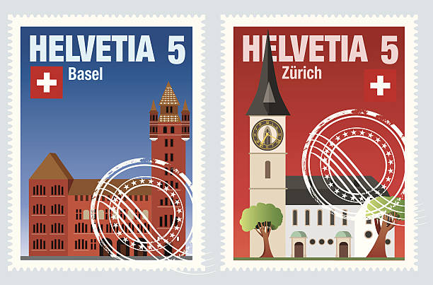 ilustraciones, imágenes clip art, dibujos animados e iconos de stock de swıss envío - postage stamp switzerland swiss culture swiss currency