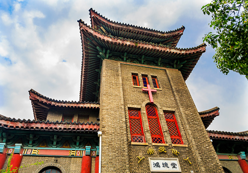 Old Hongde Tang Fitch Memorial Christian Protestant Church Duolon Cultural Road Hongkou District Shanghai China. Hongde Tang was created in 1928.  Old Christian church in Shanghai built to look like a Chinese temple.