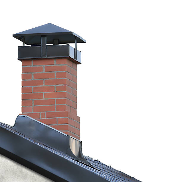 Red Brick Chimney, Grey Steel Tile Roof Texture, Isolated Roofing stock photo