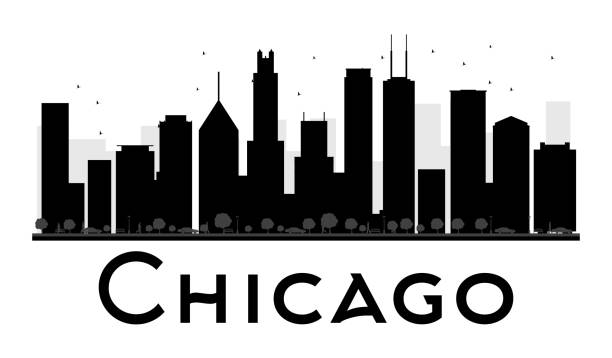 чикаго город горизонта черный и белый силуэт. - chicago black and white contemporary tower stock illustrations