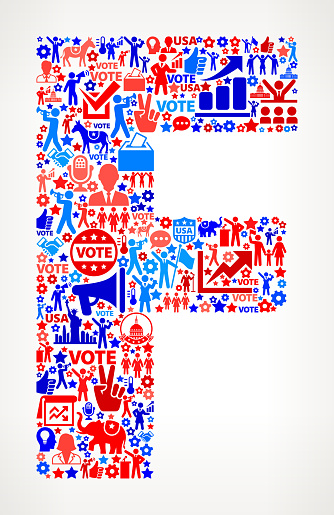Letter f Vote and Elections USA Patriotic Icon Pattern. This 100% vector composition features red and blue vote and elections icon pattern. The icons vary in size and include such election iconography as voting, candidates, leadership, voting ballots, republican and democratic symbols and people participating in the voting process.