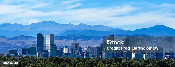 Denver Colorado Skyline Against The Rockies Stock Photo - Download Image Now - Denver, Urban Skyline, Colorado