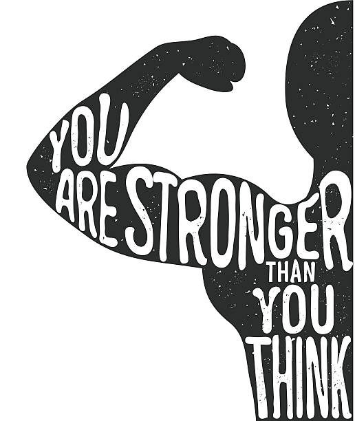 Vector lettering vintage typography poster with man You are stronger than you think. Lettering vintage typographic poster. Motivational and inspirational vector illustration, man silhouette and quote. fitness club and bodybuilding advertising template. motivation stock illustrations