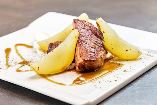 fillet with pears. Gourmet top quality food. luxury restaurant