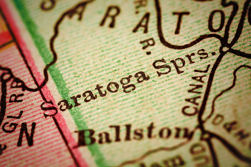 Saratoga Springs, New York on 1880's map. Selective focus and Canon EOS 5D Mark II with MP-E 65mm macro lens.