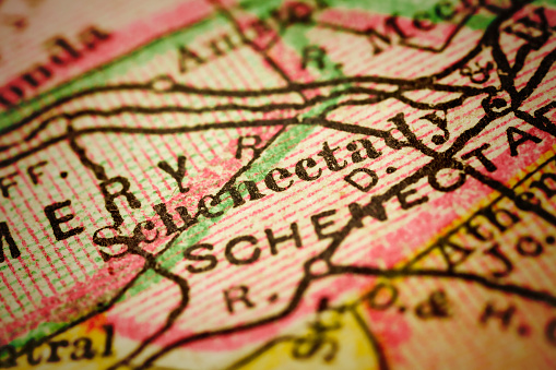 Schenectady, New York on 1880's map. Selective focus and Canon EOS 5D Mark II with MP-E 65mm macro lens.