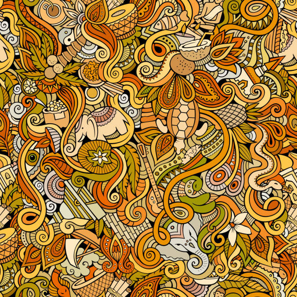 Cartoon hand-drawn doodles on the subject of Indian seamless pattern Cartoon hand-drawn doodles on the subject of Indian style theme seamless pattern. Color vector background sri lanka pattern stock illustrations