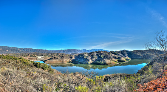 Panoramic view of California lake's western shore of Casitas.