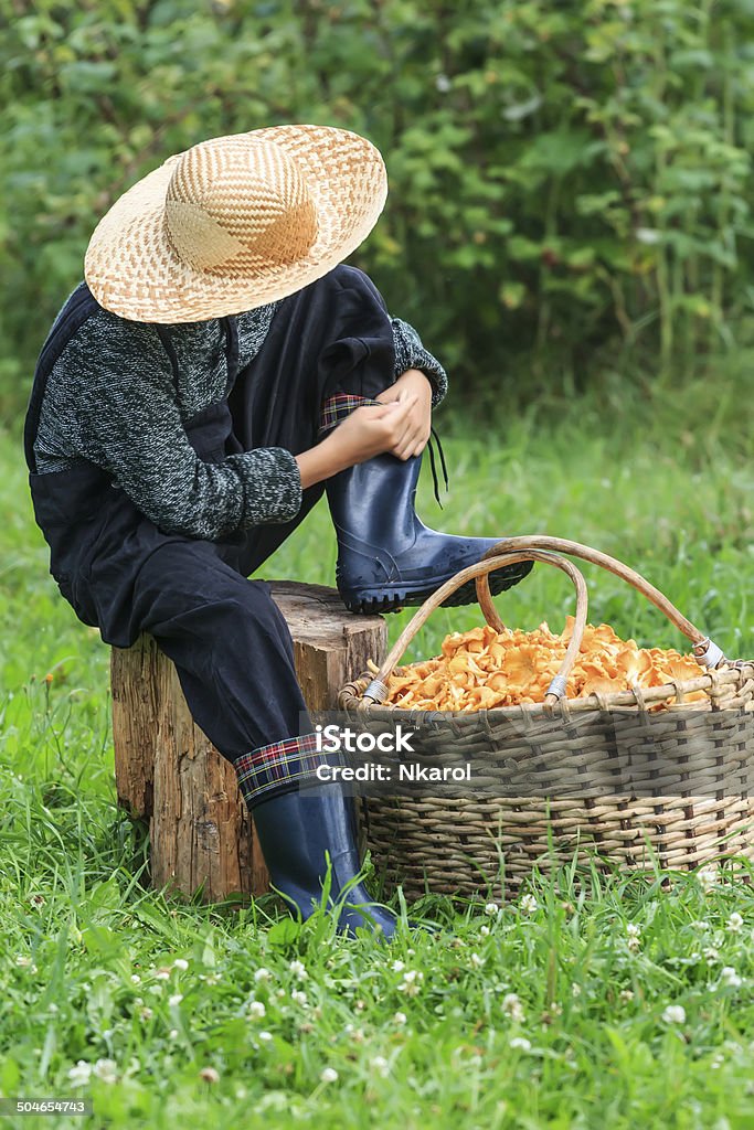 Boy wearing straw hat leaning over wicker basket of chanterelles Boy wearing straw hat is leaning over wicker basket full of chanterelles. Boy is sitting and putting one leg on big old cut log. Farm boy is wearing wide-brimmed straw hat, dark blue high rubber boots with checkered fabric, melange knitted sweater and dark farm jumpsuit. Wicker willow basket with handles of golden, ginger, fox-color chanterelles or Cantharellus cibarius in Latin also known as golden chanterelle or girolle is near boy. Boy is sitting among green meadow grass and pink y white clover flowers. In the background there is out of focus dense green bushes of wild raspberry with red berries. Vertical image. Activity Stock Photo