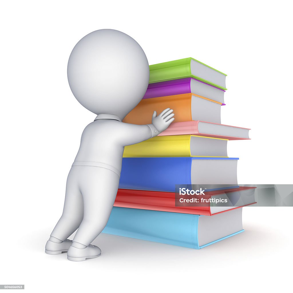 3d small person and big stack of books. 3d small person and big stack of books.Isolated on white.3d rendered. Adult Stock Photo