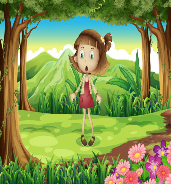 ilustraciones, imágenes clip art, dibujos animados e iconos de stock de shocked young girl en el medio de la selva - grass branch wealth forest