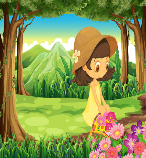 ilustraciones, imágenes clip art, dibujos animados e iconos de stock de hermosa dama levantando las flores en el bosque - grass branch wealth forest