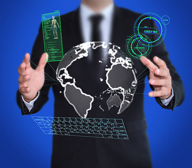istock Businessman and Digital World Map 504680279