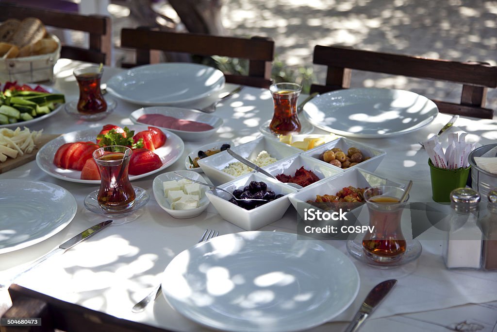 Rich and delicious breakfast Rich and delicious Turkish breakfast on white wood table Apricot Stock Photo