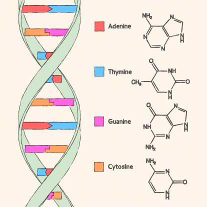 Scientifically correct illustration of DNA molecular structure, featuring labeled diagrams of adenine, thymine, guanine and cytosine.