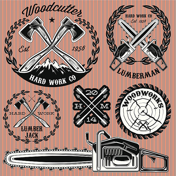 set of labels on lumberjack, working with wood set of vector labels on lumberjack, working with wood axe stump stock illustrations