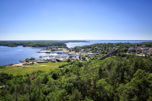 Aerial view of the harbour of Parry Sound. Parry Sound lies at the Georgian Bay in Ontario near the 30.000 Islands area.