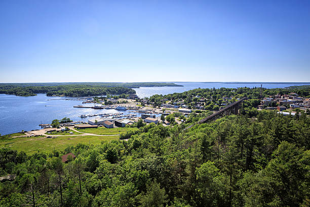 Parry Sound at Georgian Bay, Ontario, Canada Aerial view of the harbour of Parry Sound. Parry Sound lies at the Georgian Bay in Ontario near the 30.000 Islands area. sound port stock pictures, royalty-free photos & images